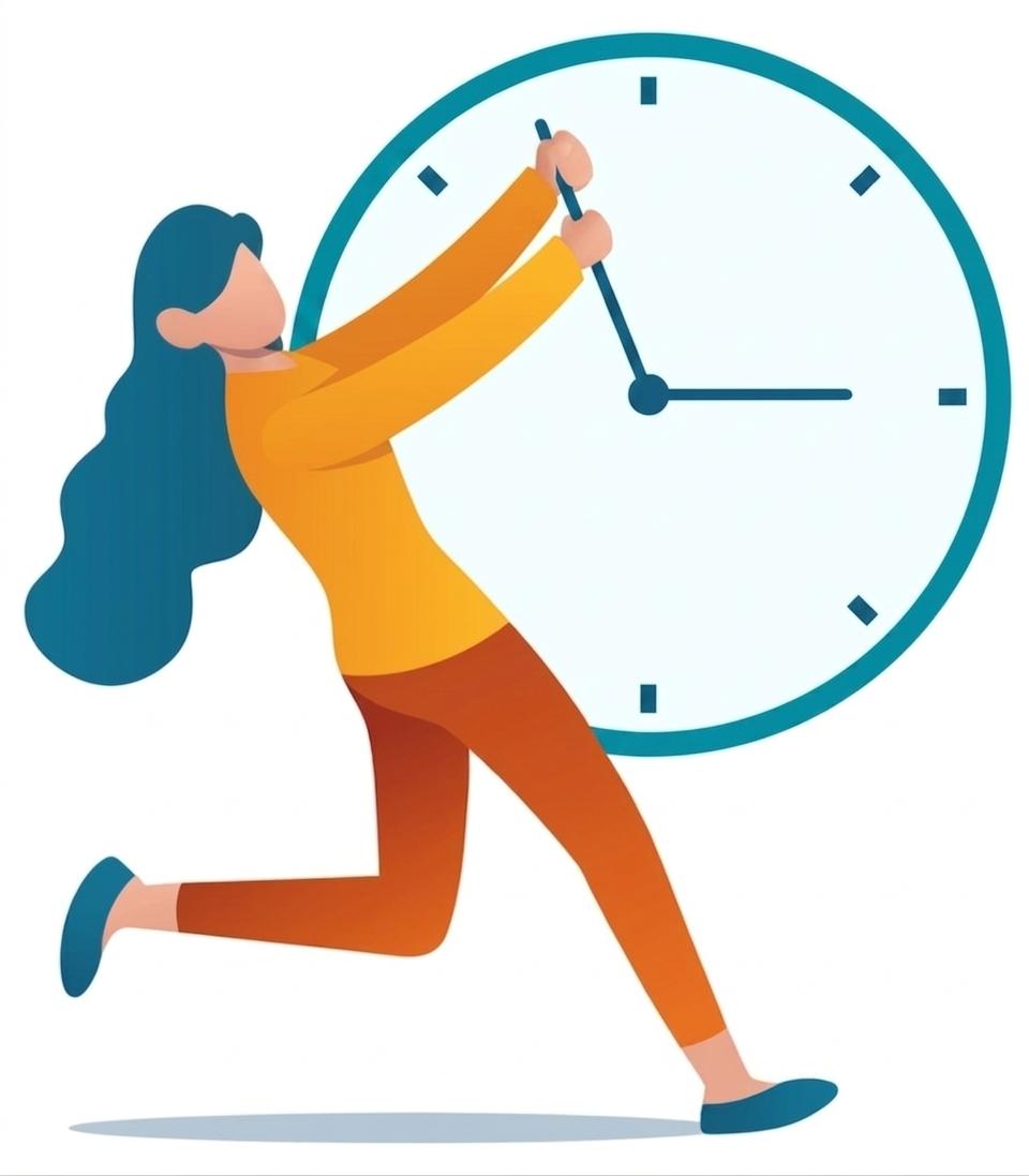 Ilustrace ženy vracející čas zpět na hodinách — symbol úspory času díky AI auditu